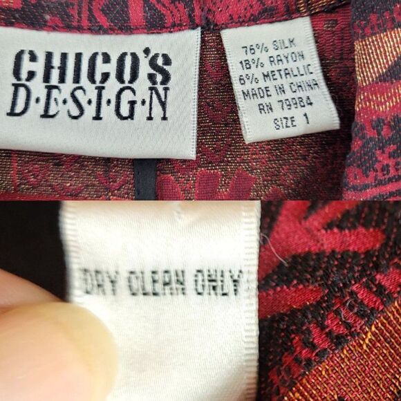 Vintage 80's Chico's Blazer Silk Duster Fashion Trench Red Metallic Print Size 1 - Picture 4 of 12